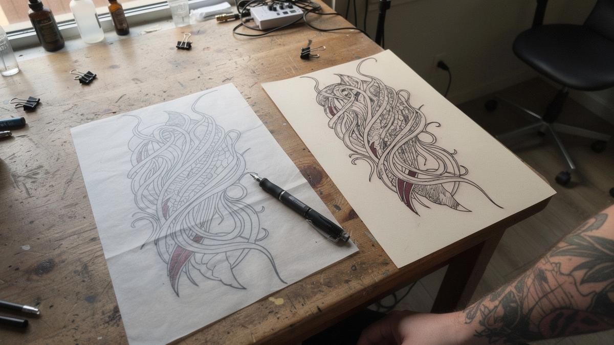 Tattoo artist at a worktable drawing a custom design by hand beside a placement sketch