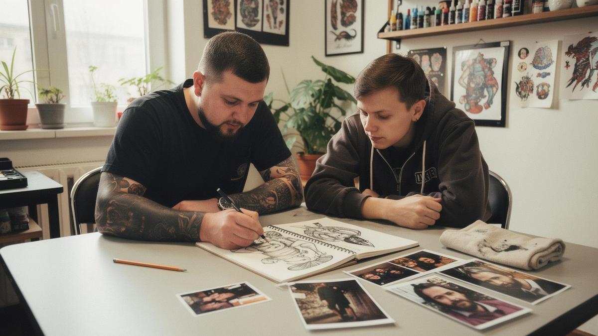 Tattoo artist and client reviewing a custom design drawing at the studio worktable in Kyiv